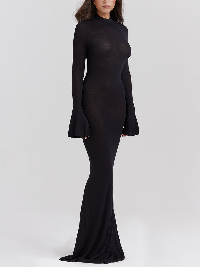 Elegant Ribbed Turtleneck Backless Maxi Dress