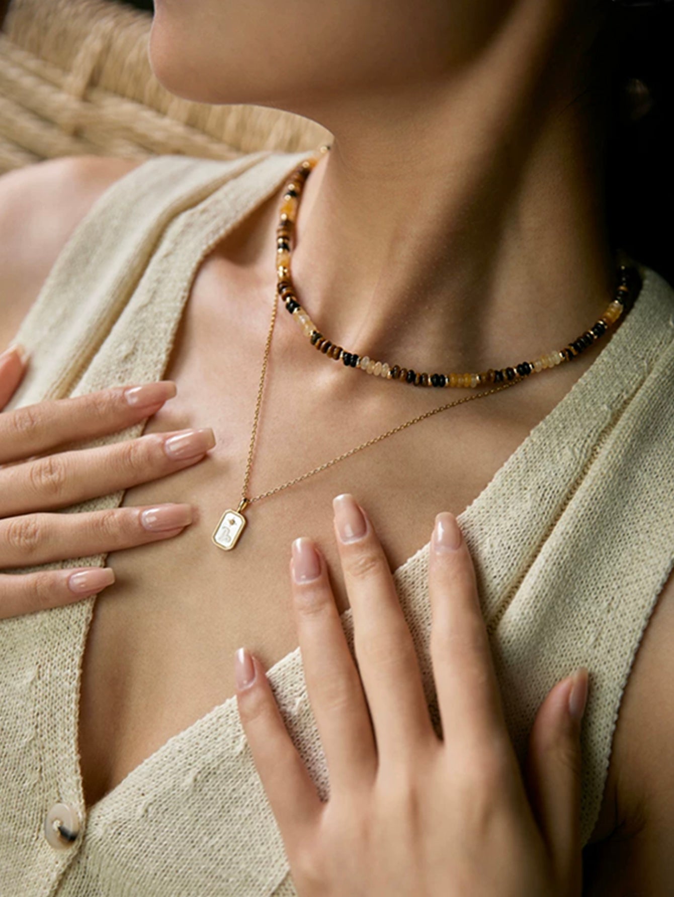 Boho Tiger Eye Stone Layered Beaded Necklace for Good Luck