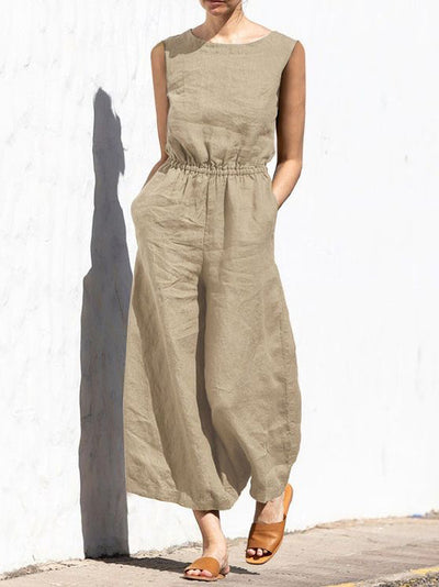 Linen Sleeveless Wide Leg Long Jumpsuit