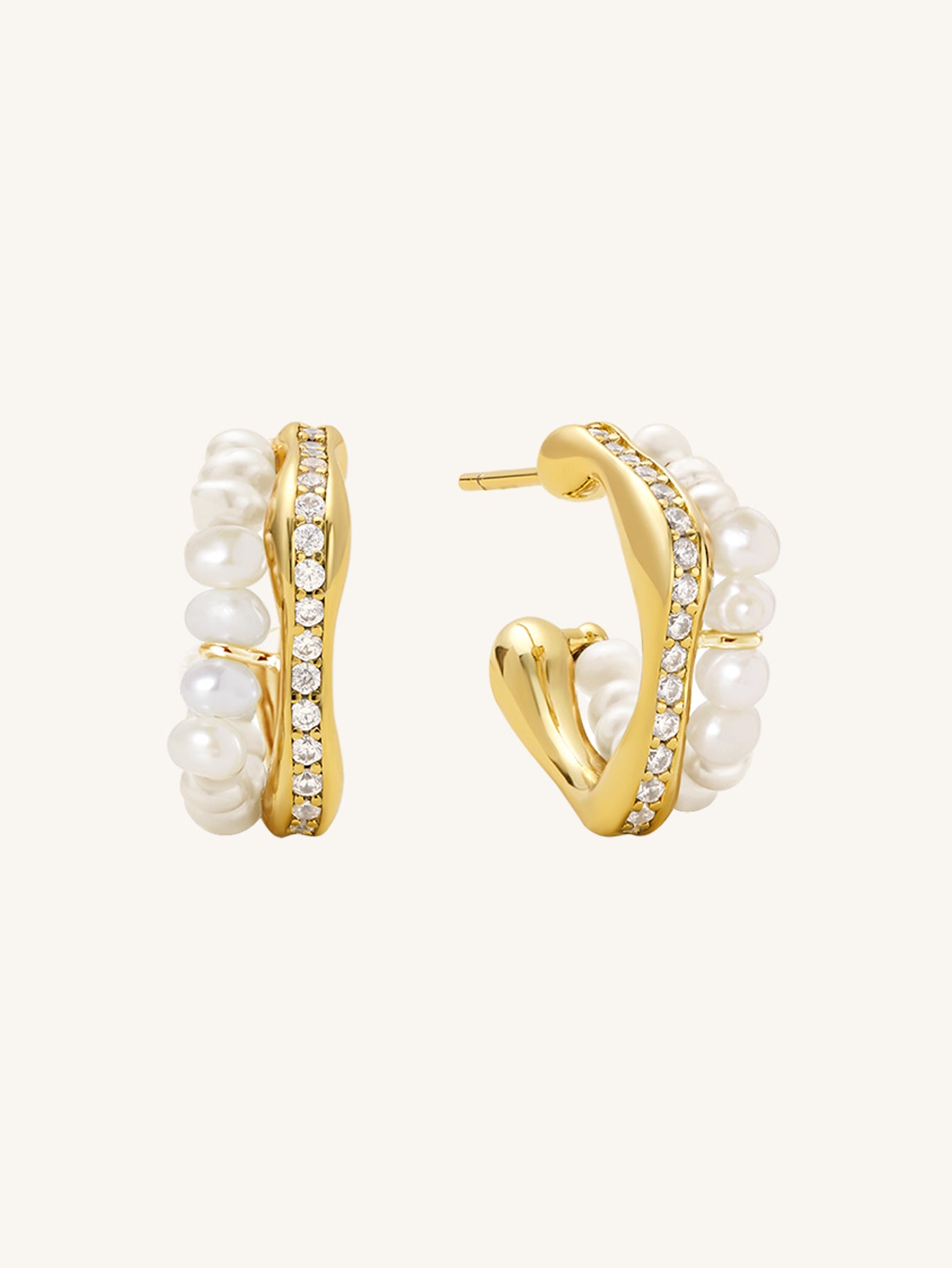 18K Gold Plated Pearl and Zircon Hoop Earrings