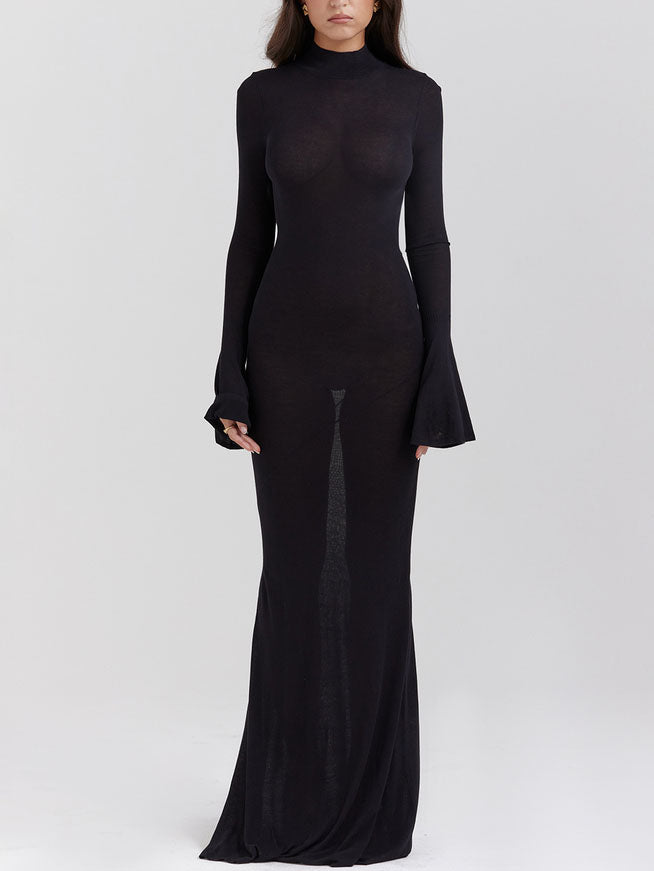 Elegant Ribbed Turtleneck Backless Maxi Dress