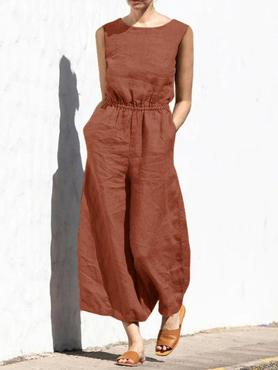 Linen Sleeveless Wide Leg Long Jumpsuit