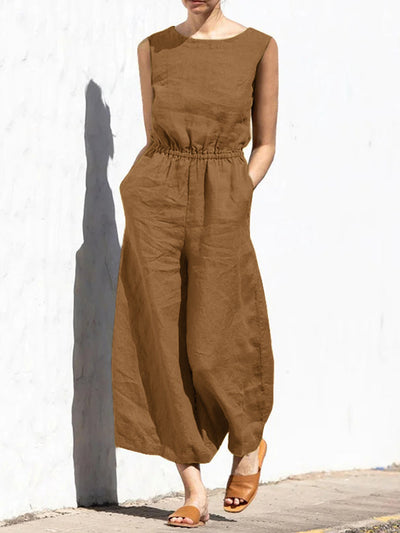 Linen Sleeveless Wide Leg Long Jumpsuit