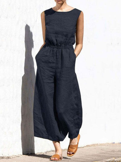 Linen Sleeveless Wide Leg Long Jumpsuit