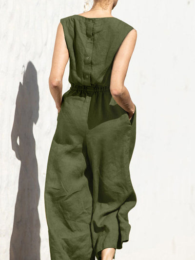 Linen Sleeveless Wide Leg Long Jumpsuit