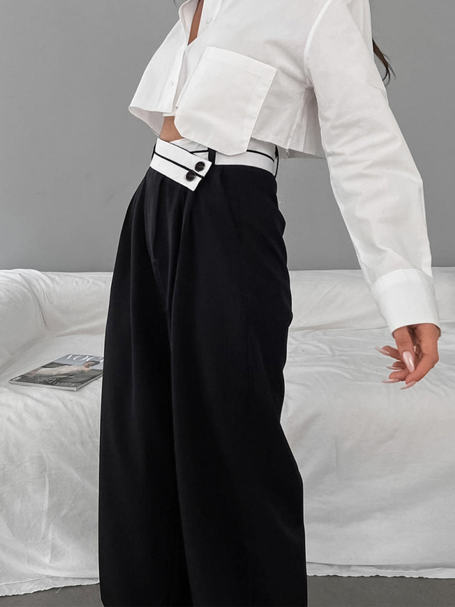 Asymmetrical Contrast Waistband Wide Leg Pants