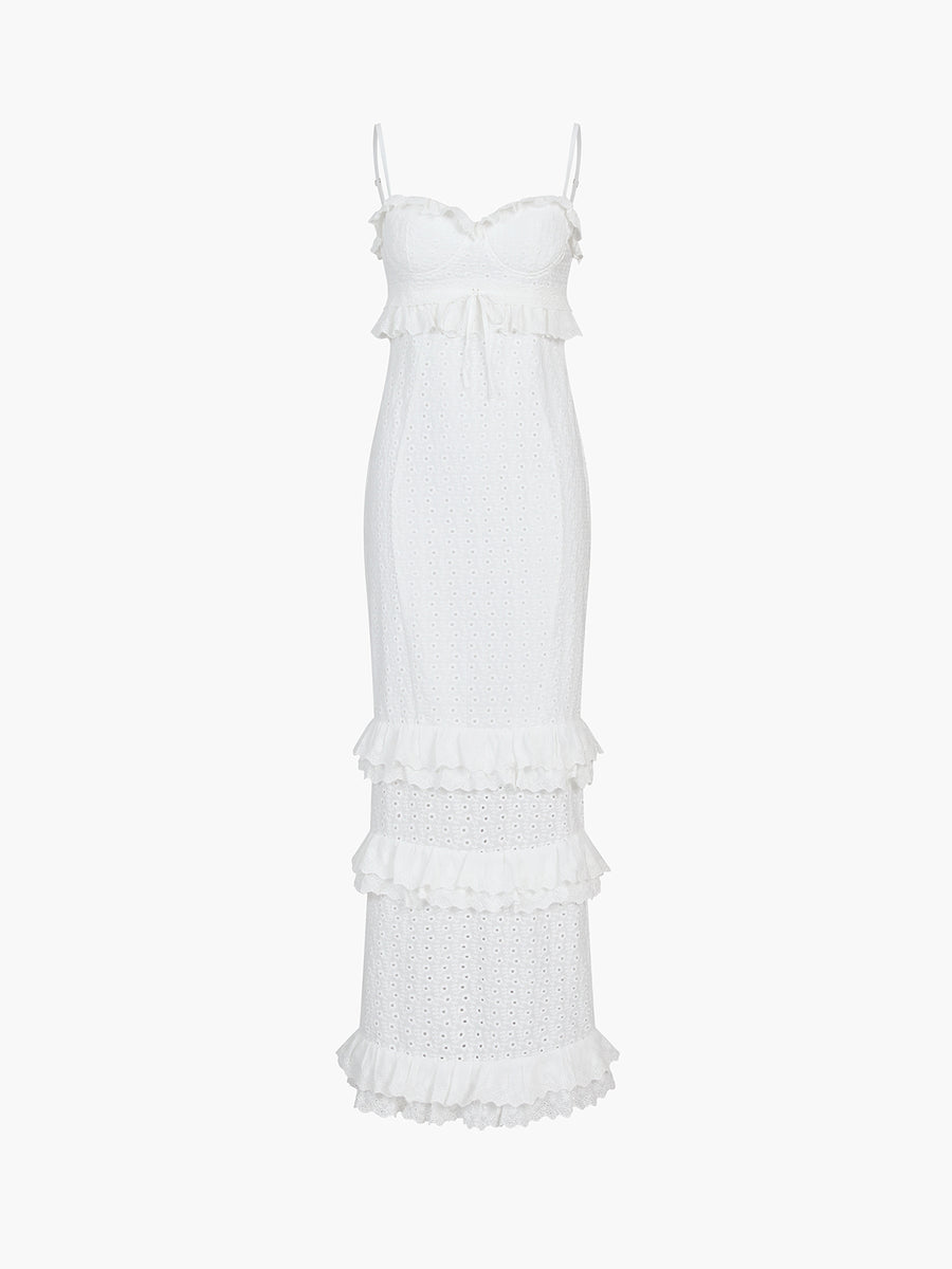 Elegant White Lace Strap Dress with Romantic Ruffle Detail