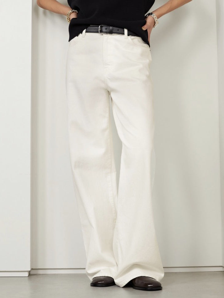 White Denim Cotton Wide Leg Pants