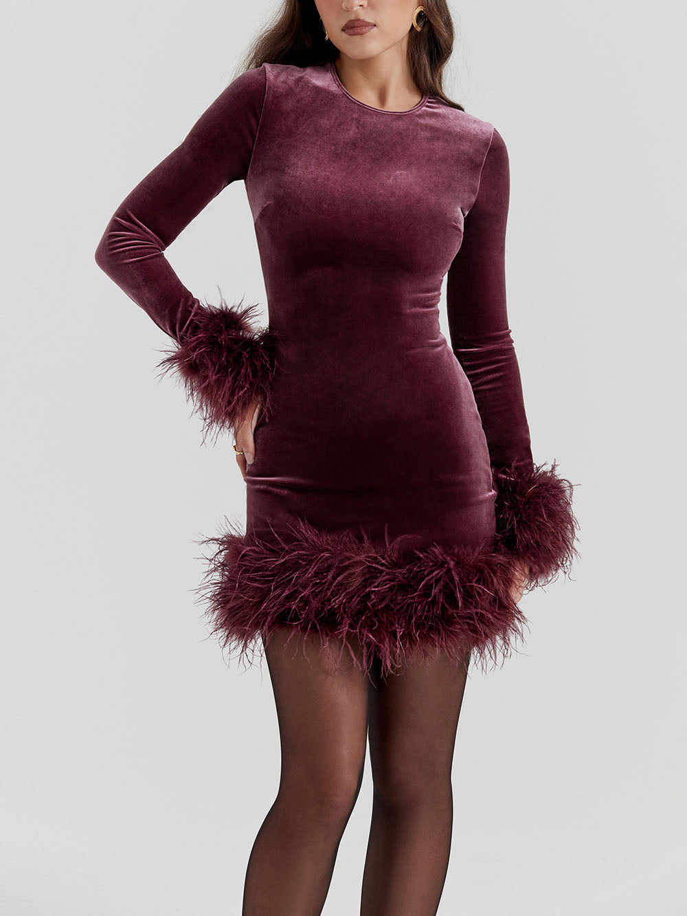 Feather Trim Long Sleeve Bodycon Mini Dress