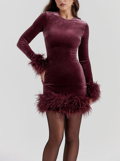 Feather Trim Long Sleeve Bodycon Mini Dress