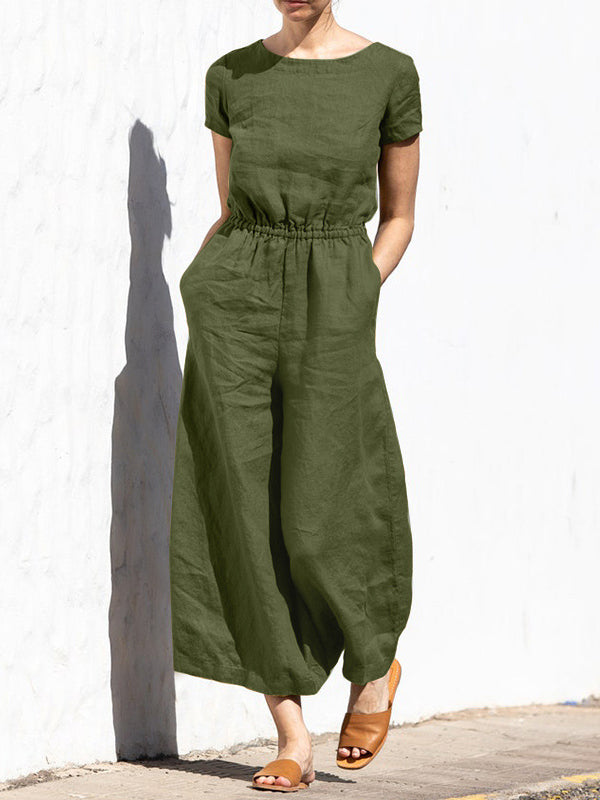 Women Casual Linen Cotton Wide Leg Jumpsuit