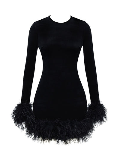 Feather Trim Long Sleeve Bodycon Mini Dress