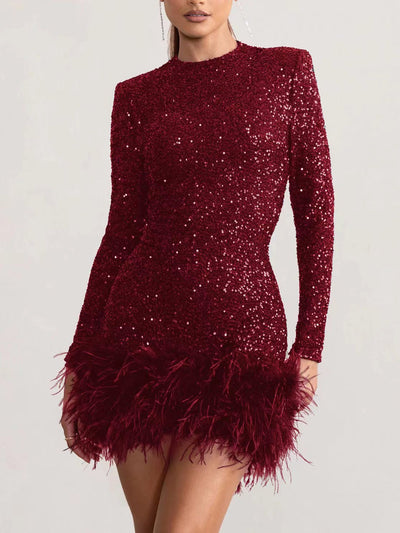 Sequin Feather High Neck Long Sleeve  Mini Dress