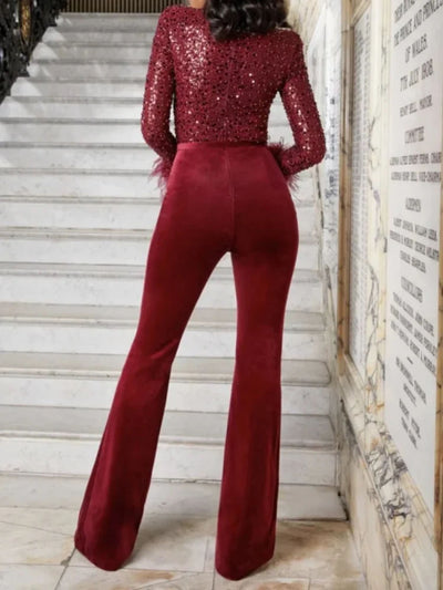 Sequin Feather Trim Long Sleeve Jumpsuit