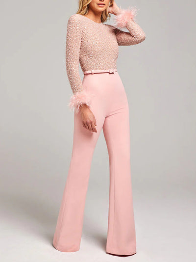 Sequin Feather Trim Long Sleeve Jumpsuit