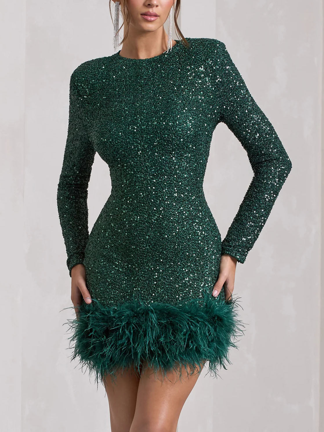 Sequin Feather High Neck Long Sleeve  Mini Dress