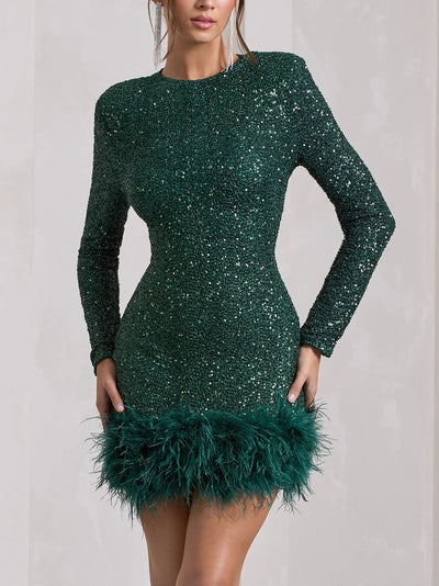 Sequin Feather High Neck Long Sleeve  Mini Dress