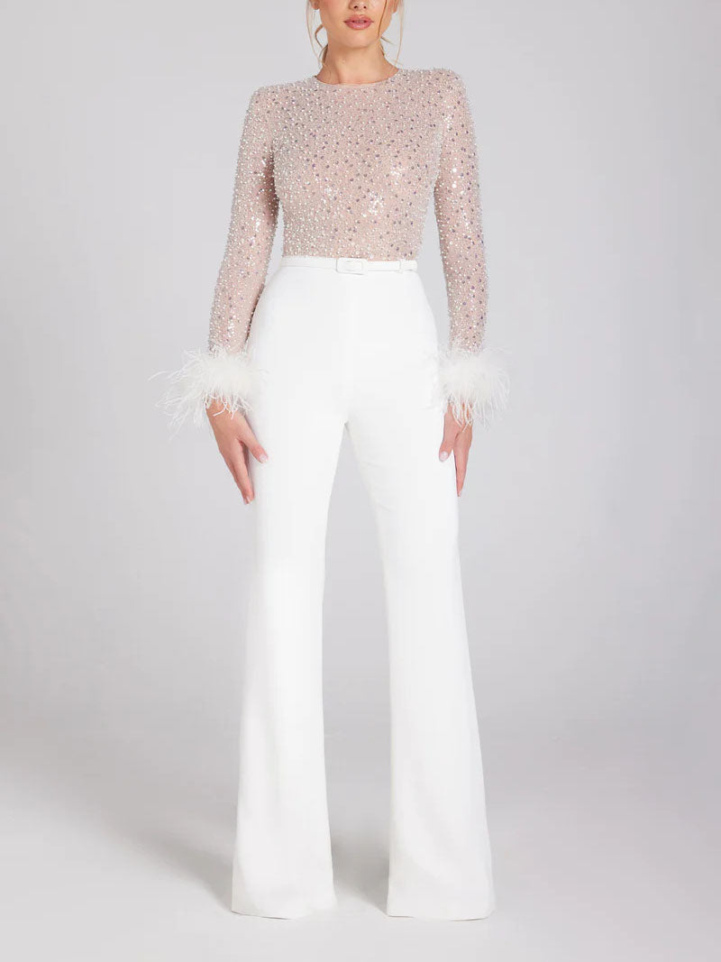 Sequin Feather Trim Long Sleeve Jumpsuit