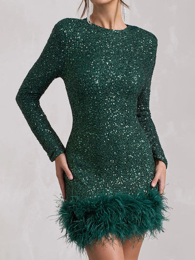 Sequin Feather High Neck Long Sleeve  Mini Dress