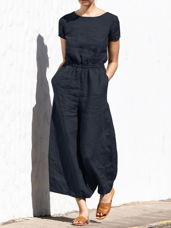 Women Casual Linen Cotton Wide Leg Jumpsuit