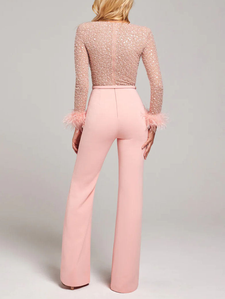 Sequin Feather Trim Long Sleeve Jumpsuit