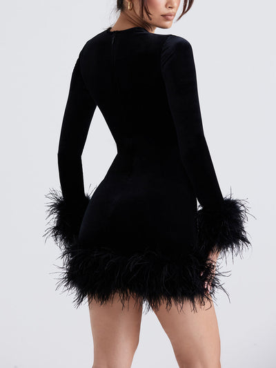 Feather Trim Long Sleeve Bodycon Mini Dress