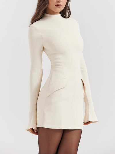 High Neckline Long Sleeve Pocket Mini Dress