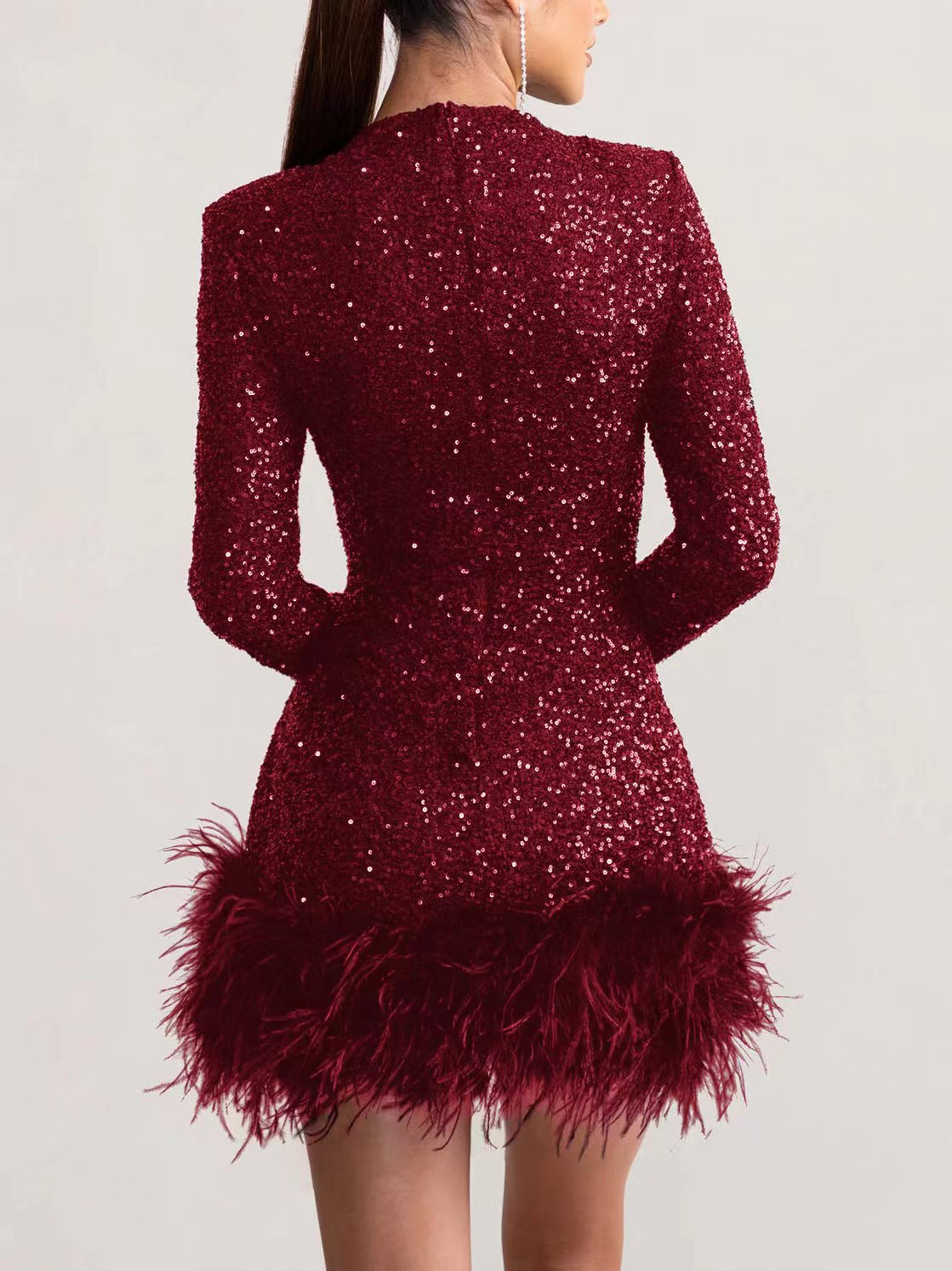 Sequin Feather High Neck Long Sleeve  Mini Dress