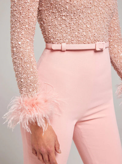 Sequin Feather Trim Long Sleeve Jumpsuit