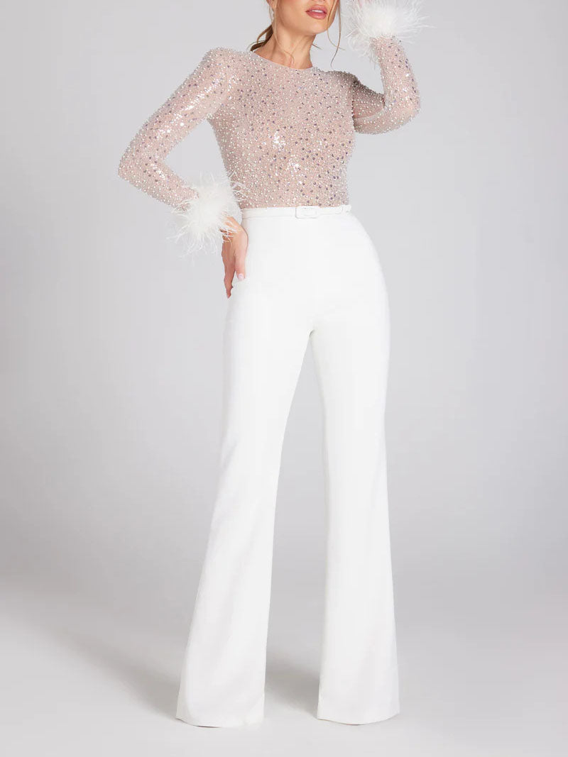 Sequin Feather Trim Long Sleeve Jumpsuit