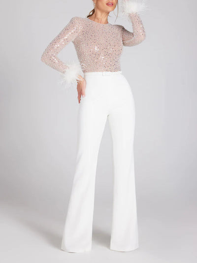 Sequin Feather Trim Long Sleeve Jumpsuit