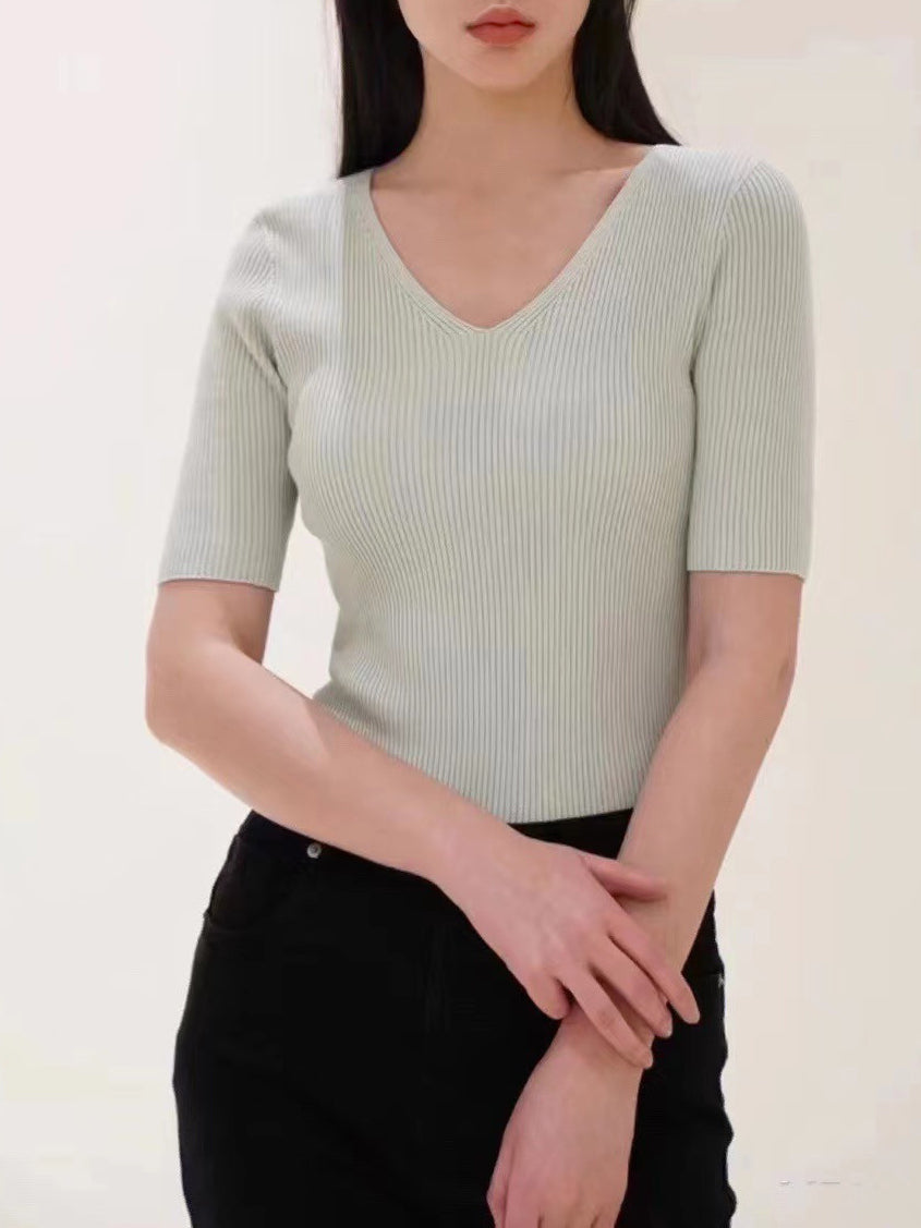 Slim V-neck  Knitted T-shirt