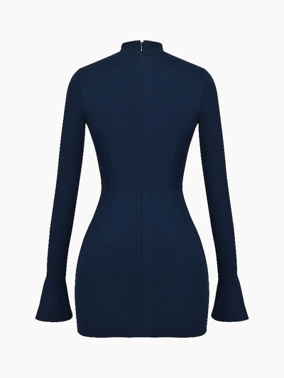 High Neckline Long Sleeve Pocket Mini Dress