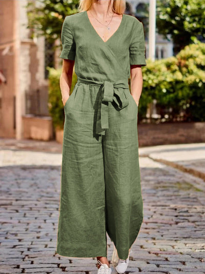 Summer Casual V-neck Loose Linen Wrap Jumpsuits