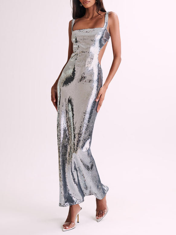 Sequin Cut Out Square Neck Maxi Dress