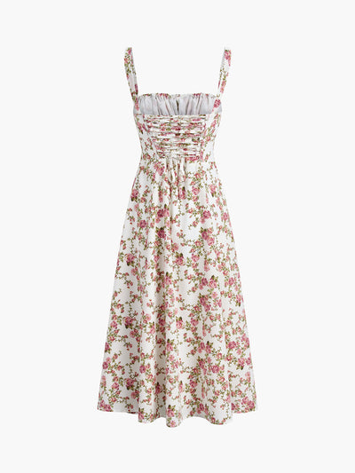 Elegant Floral Tie Waist Wrap Cami Midi Dress