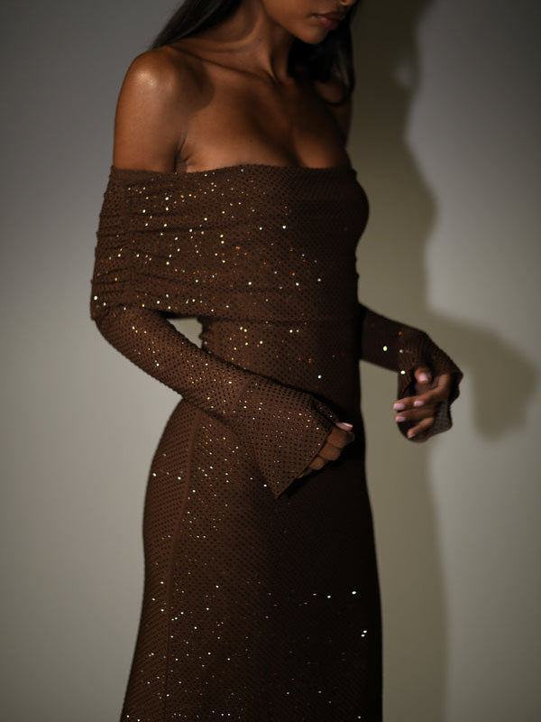 Off Shoulder Rhinestones Maxi Dress