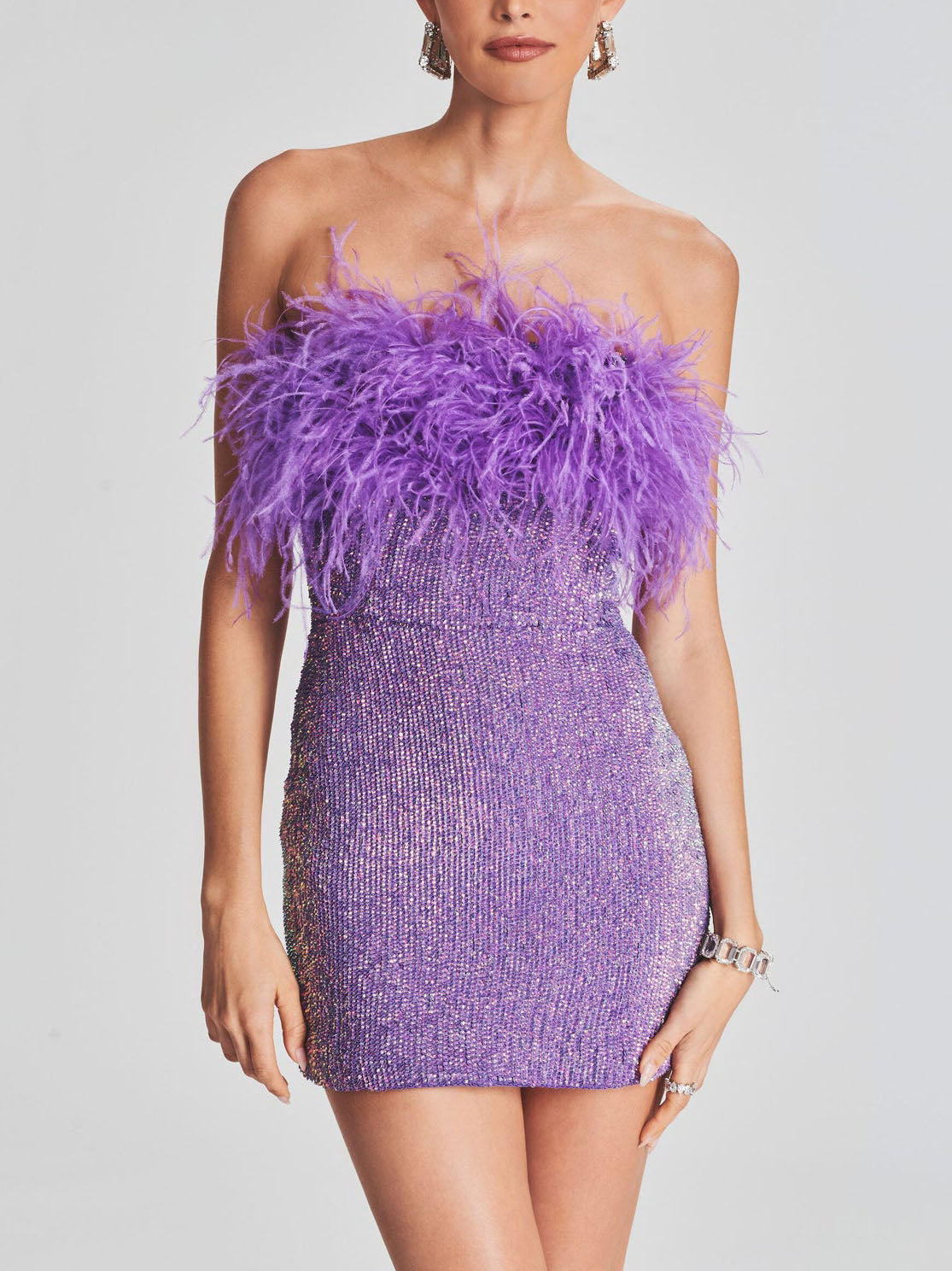 Strapless Glittery Feather Mini Dress