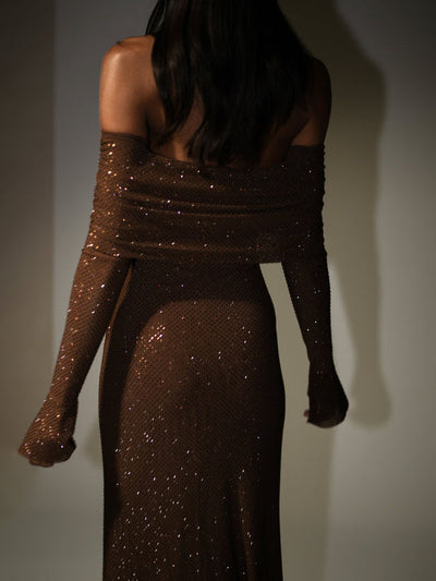 Off Shoulder Rhinestones Maxi Dress