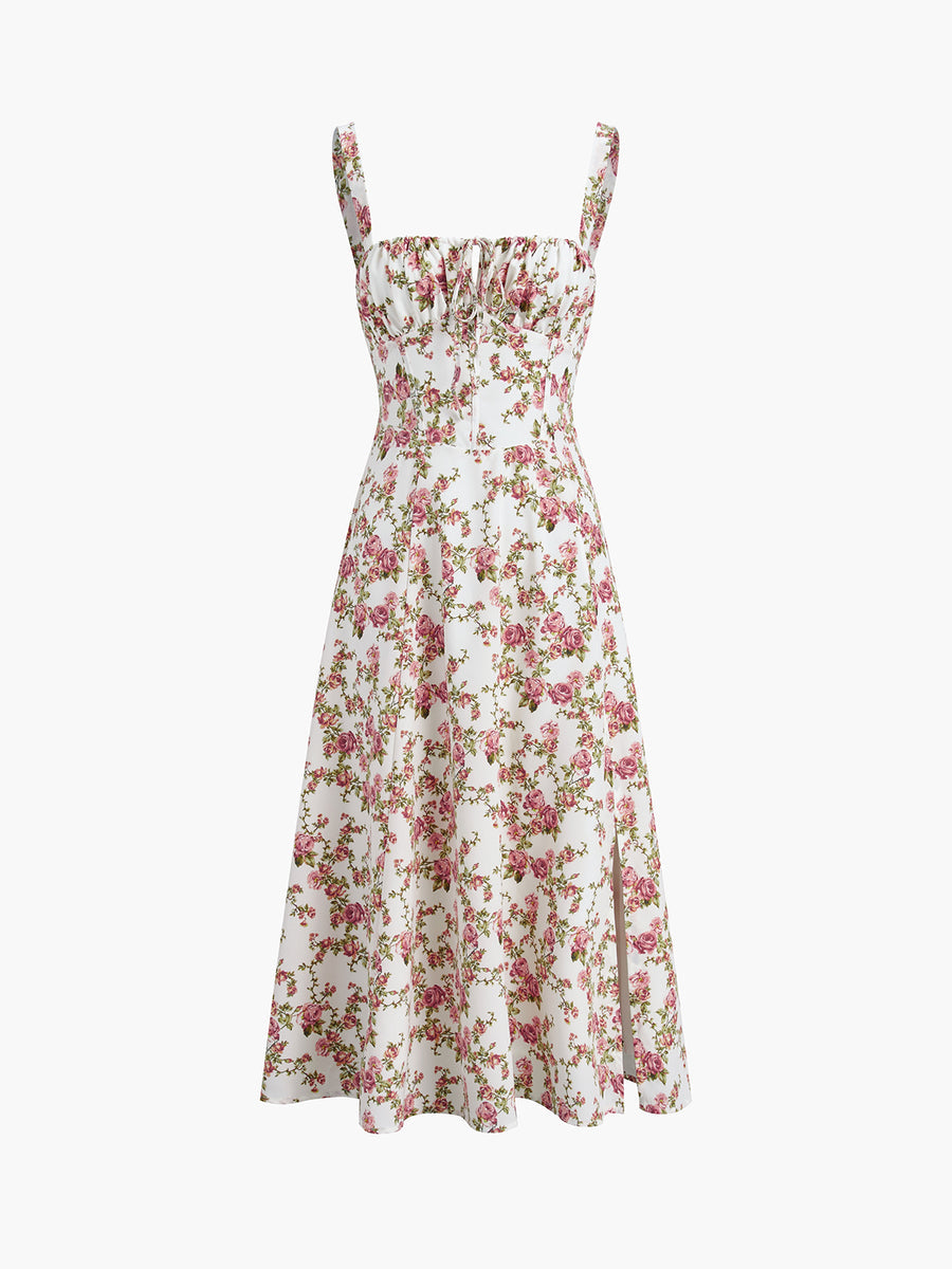 Elegant Floral Tie Waist Wrap Cami Midi Dress