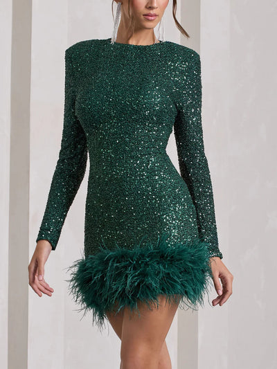 Sequin Feather High Neck Long Sleeve  Mini Dress