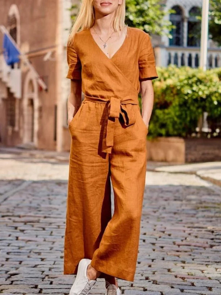 Summer Casual V-neck Loose Linen Wrap Jumpsuits