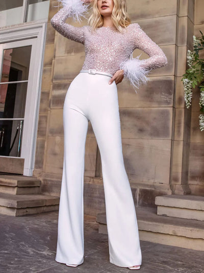 Sequin Feather Trim Long Sleeve Jumpsuit