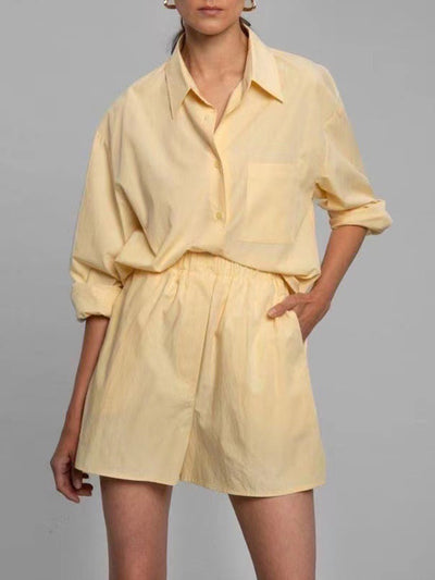 Basic Cotton Long Sleeve Shirt Shorts Set