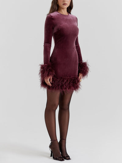 Feather Trim Long Sleeve Bodycon Mini Dress