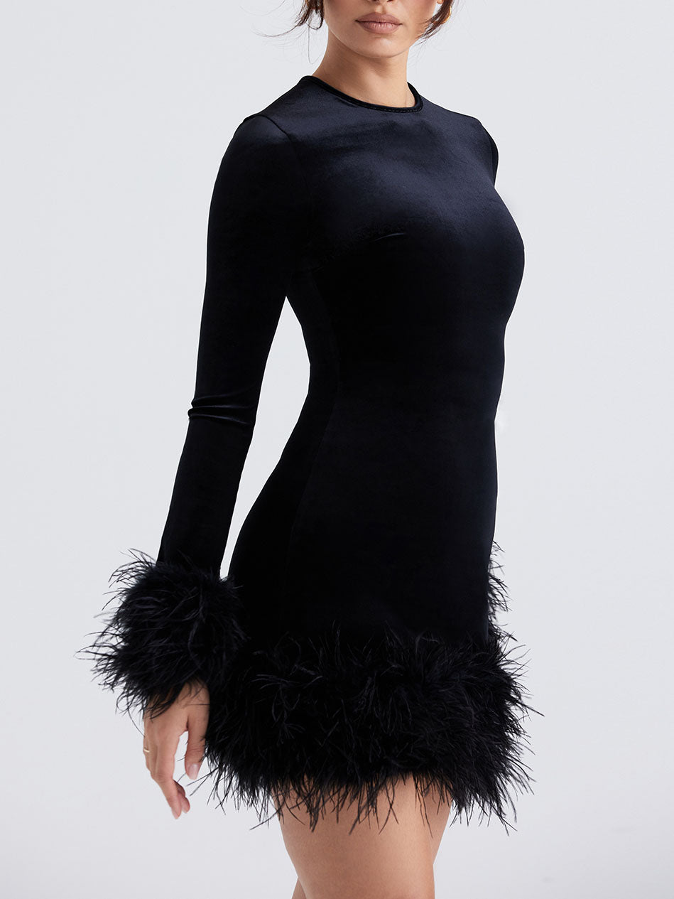 Feather Trim Long Sleeve Bodycon Mini Dress