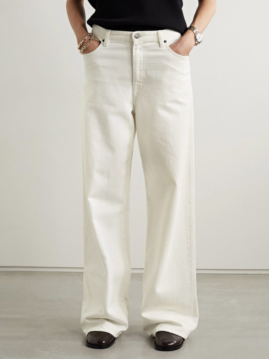 White Denim Cotton Wide Leg Pants