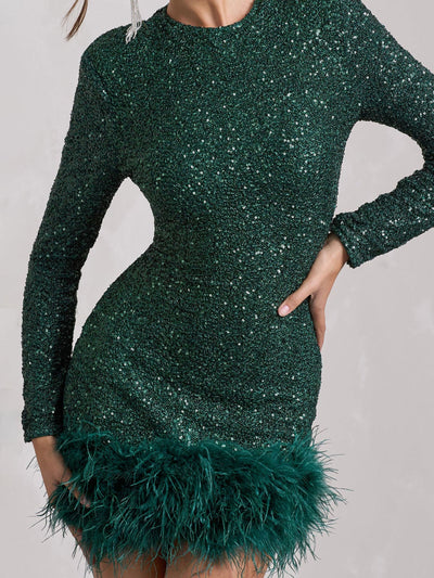 Sequin Feather High Neck Long Sleeve  Mini Dress