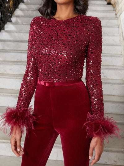 Sequin Feather Trim Long Sleeve Jumpsuit