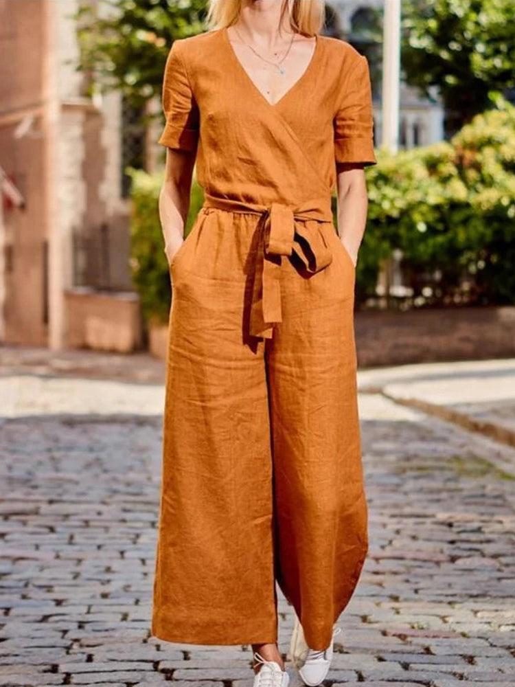 Summer Casual V-neck Loose Linen Wrap Jumpsuits